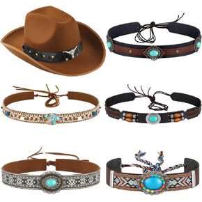 6 Pcs Cowboy Hat Band Replacement Ethnic Western Hat Belts Rural Classical Mexican Turquoise Hatbands (Classic Style)