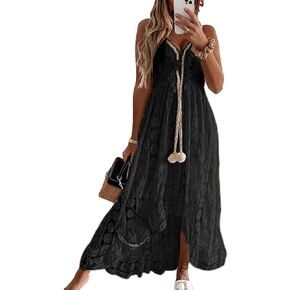 CUPSHE Women's Maxi Dress Lace Dresses Boho Tassel V-Neck Flare Ruffle Adjustable Straps Beach Summer Long Dress