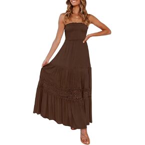ZESICA Women's Summer Bohemian Strapless Off Shoulder Lace Trim Backless Flowy A Line Beach Long Maxi Dress