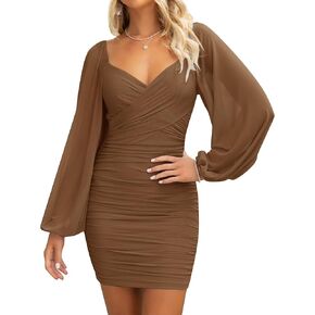 ZESICA Women's Sexy V Neck Ruched Bodycon Mini Dress Puff Long Sleeve Cocktail Wedding Party Short Dresses