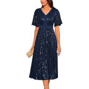 GRACE KARIN Women's Sequin V Neck Ruffle Sleeve Empire Waist Sparkly Glitter A Line Cocktail Formal Dresses