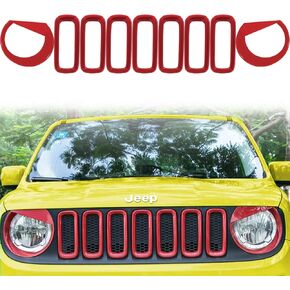 Yoursme Front Grille Inserts & Front Light Headlight Cover Angry Bird Style Bezels Trim Cover for Jeep Renegade 2015-2018 Clip in Version ABS Red