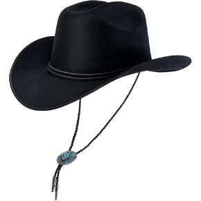 100% Wool Cowboy Western Cowgirl Felt Hat for Men Women Classic Fedora Hats with Metal Gem Drawstring Charm Black