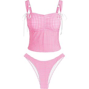 ZAFUL Women's Gingham Ruched Bowknot Decor Cinched Back Tankini Set Tummy Control 2 Piece Bikini Swimsuits