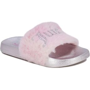 Juicy Couture Girls Fluffy Slippers for Kids Cute Fuzzy Slippers - Open Toe Warm Fur Slides - Plush Slip on House Indoor Slippers
