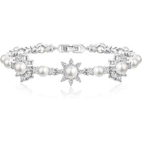 Crysdue Cubic Zirconia Simulated Pearl Bridal Wedding Leaf Filigree Tennis Bracelet for Brides Bridesmaid Birthday Mothers Christmas Valentines Day Jewelry Gifts for Women