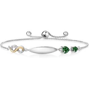 Gem Stone King 0.92 Ct Heart Shape Green Nano Emerald 925 Silver and 10K Yellow Gold Lab Grown Diamond Bracelet For Women