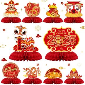 10 Pcs Chinese New Year Honeycomb Centerpieces Chinese New Year Decoration 2025 Year of the Snake Ornaments Signs Red and Gold Table Toppers Table Centerpieces Lunar New Year Party Supplies