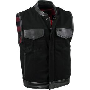 Milwaukee Leather USA MADE MLVSM5101 Men's Black 'Burn Out' Denim and Leather Motorcycle Vest with Plaid Red Lining