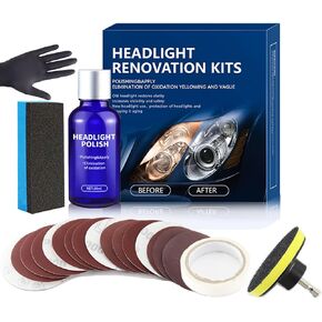 Headlight Restoration Kit, 3Inch Car Headlight Cleaner and Restorer kit, Included Sandpapers/Sponge/Backer, Repair Polishing Kit, Remove Yellowed, Oxidation,Scratches-30ML