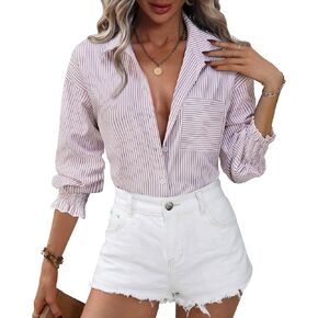 Womens Striped Button Down Shirts Smocked Long Puff Sleeve Oversized Boyfriend Blouses Loose Pocket Office Work Tops