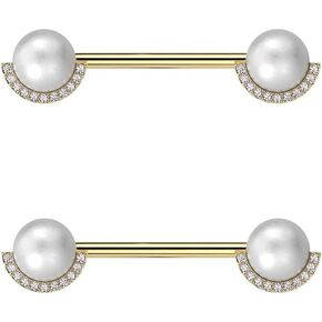 Pierced Owl 14GA 316L Stainless Steel Synthetic Pearl with Half CZ Crystal Edge Nipple Barbells, Sold as a Pair