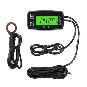 Engine Temperature Gauge Voltmeter 24H Clock with Over Temperature Alert Green Backlight Function for Lawn Mowers Chain Saws Motorcycles Outboard Motors Paragliders Tractors