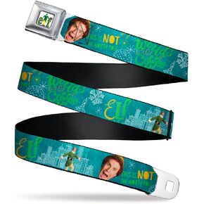 Buckle-Down Belt Seatbelt Buckle Elf Buddy the Elf Poses and Quotes Collage Blue Green White Mens Womens Kids Adjustable