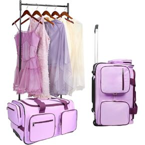Dance Bag with Garment Rack, 23’’ Dance Costumes Duffle Bag with Wheels for Girls Rolling Garment Bag for Travel (Purple)