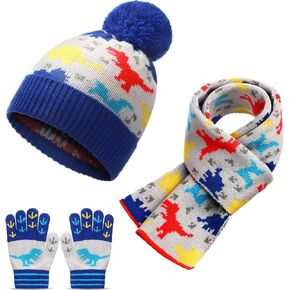 Kids Winter Hat Gloves Scarf Set Dinosaur Children Hat Beanie with Pom Winter Knit Neck Mittens for Boys Toddlers