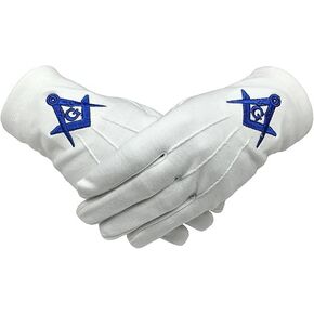 Master Mason Blue Lodge 100% Cotton White Gloves with Square Compass and G