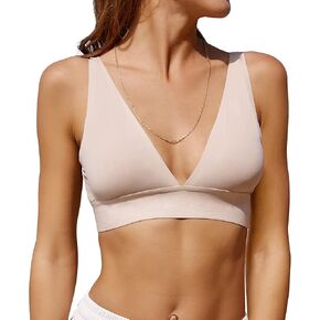 Knowyou Women's Seamless Plunge Bra Deep V-Neck Wireless Comfort Bra Unlined Triangle Sporty Bras Bralettes for Ladies