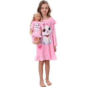 Bow Dream Toddler Girls Casual Dress Pink Cat Cute and Matching American Girl Doll Clothes for Girls