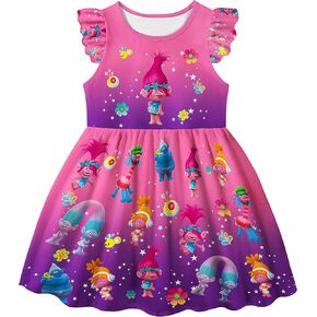 Toddler Girls Dress Short Ruffles Sleeve Round Neck Cute Cartoon Pattern Dress for Birthday Party Kids 2-7 Years
