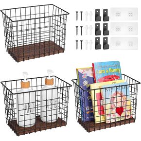 Wall Hanging Baskets 3 Pack, Large Diversified Wire Basket Shelves of Wooden Style, with Wall Mounted Metal Hooks & Traceless Stickers, for Kitchen Coffee Bar Office Room Garage Storage Organization