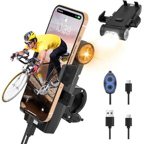 Bike Phone Holder with LED Light, 5-in-1 Bike Motorcycle Phone Mount, 4 Light Modes Rechargeable, Fog Light & Horn, Built-in 2000mAh Battery, USB Fast Charge for 4.7'' to 6.8'' Smart Phones
