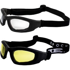 Epoch Eyewear Padded Motorcycle Goggles 2 Pair Black Frames w/Clear & Yellow Lenses