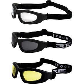 Epoch Eyewear Black Padded Motorcycle Goggles 3 Pair w/Clear Smoke and Yellow Lenses