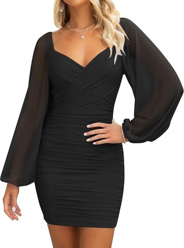 ZESICA Women's Sexy V Neck Ruched Bodycon Mini Dress Puff Long Sleeve Cocktail Wedding Party Short Dresses in Saudi Arabia