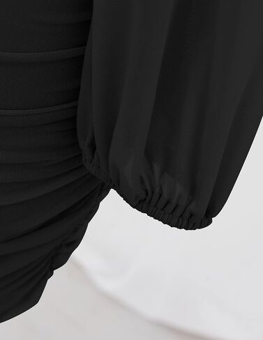 ZESICA Women's Sexy V Neck Ruched Bodycon Mini Dress Puff Long Sleeve Cocktail Wedding Party Short Dresses in Saudi Arabia