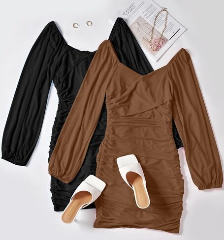 ZESICA Women's Sexy V Neck Ruched Bodycon Mini Dress Puff Long Sleeve Cocktail Wedding Party Short Dresses in Saudi Arabia