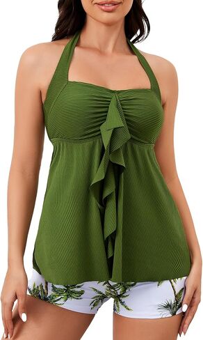 الصيف ماي Bowknot Tankini المايوه للنساء الرسن قطعتين فلوي أعلى البطن تحكم لباس سباحة مع جيوب بويشورت in Kuwait