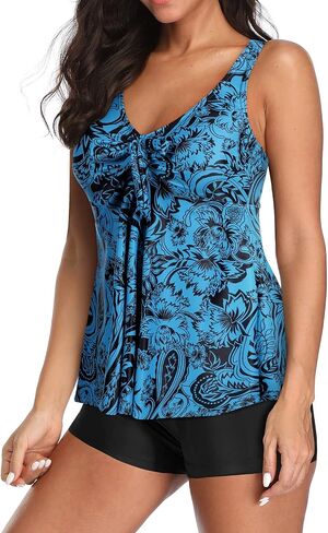 Yonique Women 2 Piece Flowy Tankini Swimsuits with Boyshorts V Neck Swim Tank Tops Bathing Suits Modest Swimwear in Saudi Arabia