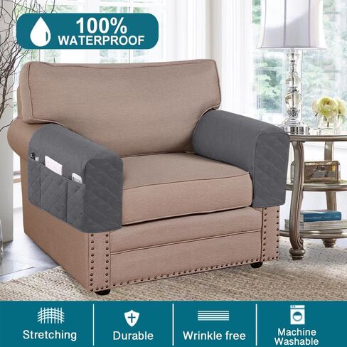 Turquoize 2 Pack Waterproof Armrest Covers for Chairs and Sofas Couch Arm Covers for Sofa Armrest Covers with Side Pocket Anti-Slip Furniture Protector Washable Armrest Slipcovers Set of 2, Gray in Kuwait