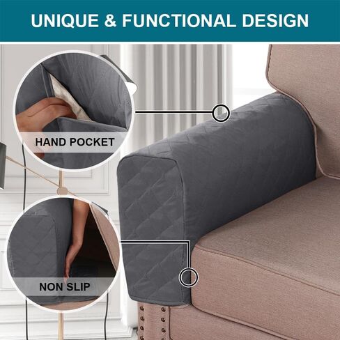 Turquoize 2 Pack Waterproof Armrest Covers for Chairs and Sofas Couch Arm Covers for Sofa Armrest Covers with Side Pocket Anti-Slip Furniture Protector Washable Armrest Slipcovers Set of 2, Gray in Kuwait