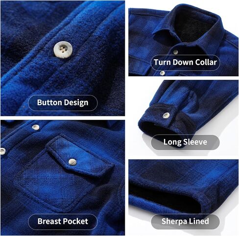 Boys Flannel Shirts,Long Sleeve Warm Sherpa Fleece Buffalo Plaid Button Down Shirt Jackets in Kuwait