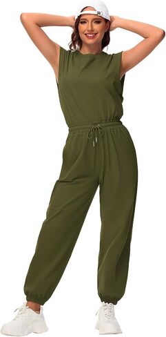 Tanou Open Back Jumpsuits for Women Casual One Piece Jumpsuit Womens Loose Sleeveless Rompers with Pockets in Saudi Arabia