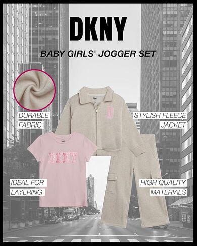 DKNY Girls Pants Set, 3 Piece Fleece Zip Hoodie, Jogger and Graphic Tee | Versatile Three Pieces, Elastic Waist Joggers and Soft Graphic Tee and warm fleece Zip up hoodie, Everyday Ready in Saudi Arabia