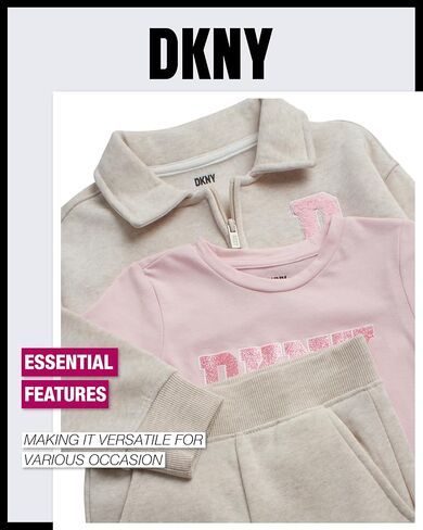 DKNY Girls Pants Set, 3 Piece Fleece Zip Hoodie, Jogger and Graphic Tee | Versatile Three Pieces, Elastic Waist Joggers and Soft Graphic Tee and warm fleece Zip up hoodie, Everyday Ready in Saudi Arabia