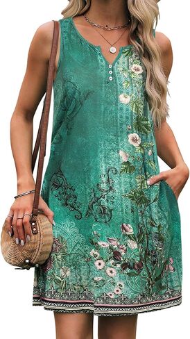 SimpleFun Summer Dresses for Women 2024 Beach Vacation Button up V Neck Sleeveless Sundresses Casual Boho Dress with Pockets in Kuwait