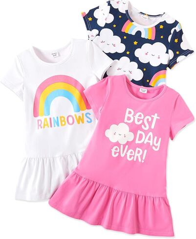 PATPAT Toddler Girls Floral Skater Dress 3-Pack A-Line Short Sleeve Outfits | Floral Print Dresses, 3-Pack Value Set, A-Line Skater Fit, Short Sleeve Design, Soft Fabric, Easy Wear in Kuwait
