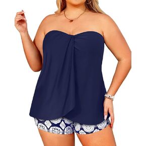 Daci Plus Size Bandeau Tankini Swimsuit for Women 2 Piece Halter Swim Top with Shorts Tummy Control Bathing Suits