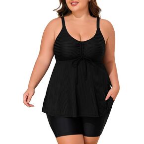 Summer Mae Ribbed Plus Size Swimsuit Women Tankini Two Piece Bathing Suit with Pockets Capris Short Tummy Control Swimwear