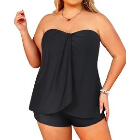 Daci Plus Size Bandeau Tankini Swimsuit for Women 2 Piece Halter Swim Top with Shorts Tummy Control Bathing Suits