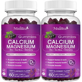 Calcium Magnesium Zinc Gummies with High Absorption Magnesium Glycinate 200mg, Potassium -Plant Calcium Supplement w/ D3 & Sea Moss for Bone, Muscles, Calm Mood & Sleep Support- Kids & adults (2 Pack)