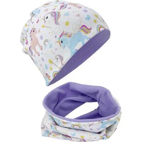 Unicorn Kids Girls Beanie Hat & Loop Scarf Set - with Fleece - 95% Cotton - Soft & Easy Care Stretch Material