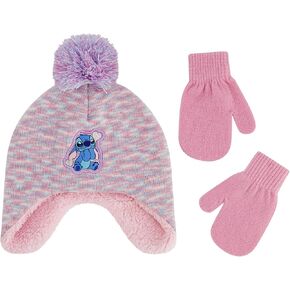 Disney Stitch Beanie Hat and Gloves Set, Toddlers Marled Peruvian Winter Knit Cap with Pom and Matching Mittens, Pink, One Size