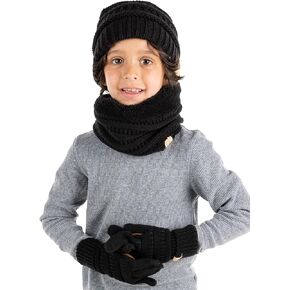 Funky Junque Kids Matching Winter Solid Ribbed Beanie Cap, Fleece Lined Neck Warmer, Stretchy Toddler Gloves Bundle