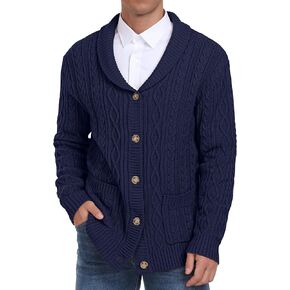 Sailwind Men's Casual Cardigan Long Sleeve Shawl Collar Buttons Down Cardigan Sweater Cable Knit Sweater with Pockets