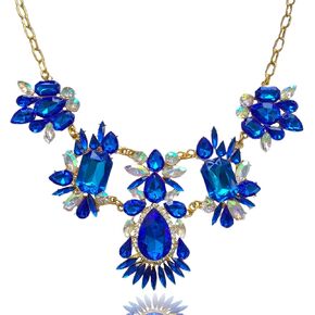 Chunky Royal Blue Crystal Elegant Statement Necklace Iridescent Rhinestone Bib Collar Necklaces Gold Paper- Clip Chain Costume Jewelry Christmas Gifts for Women
